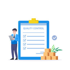 Vector quality control concept. Business people confirm and certify a quality product in accordance with ISO 9001.