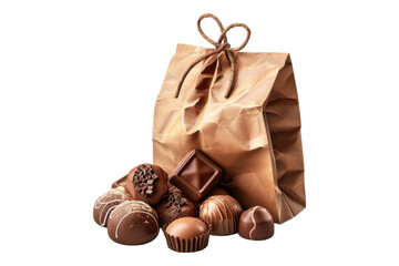 Sweets and chocolates in gift bag Isolated on white background