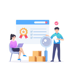 Vector quality control concept. Business people confirm and certify a quality product in accordance with ISO 9001.