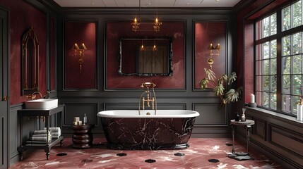 Elegant vintage bathroom with marble floors and a freestanding bathtub for a luxurious interior design concept  - Powered by Adobe