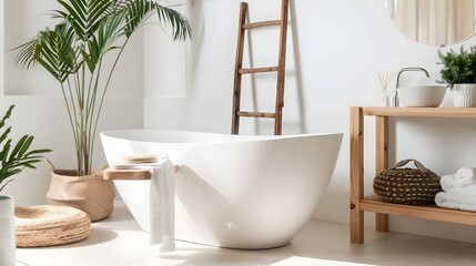 Modern minimalist bathroom interior with a freestanding white bathtub and natural decor accents under soft daylight 