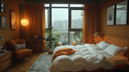 Cozy modern bedroom with a large bed and warm lighting at dusk, giving off a tranquil urban home atmosphere.