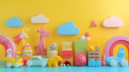 Colorful wooden toys on yellow background. There are cars, giraffe, elephant, blocks and rainbow.