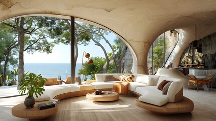 Fototapeta premium Modern luxury living room with large panoramic windows overlooking a serene forest landscape, furnished with stylish sofas and wooden accents 