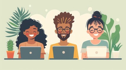 Diverse group of people working on laptops.