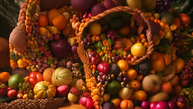 A painting depicting a basket overflowing with assorted fruits and vegetables, A cornucopia overflowing with fruits and vegetables