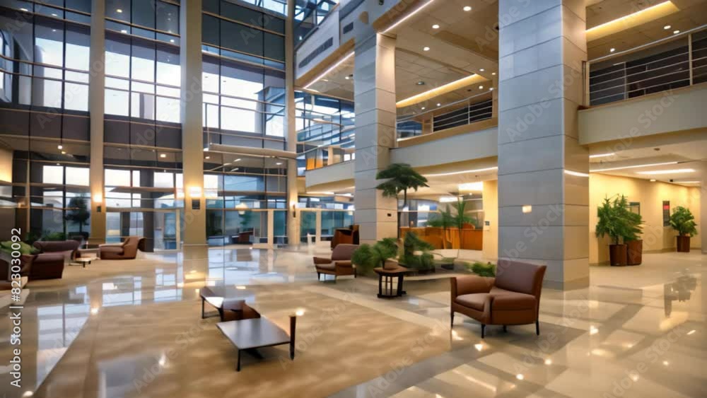 Poster a large lobby filled with furniture and surrounded by numerous windows, creating a bright and open s