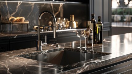 Elegant bar sink in a luxury kitchen setting, close-up showing high-end materials and design, perfect for islands or wet bars, emphasizing sophistication