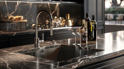 Fototapeta premium Elegant bar sink in a luxury kitchen setting, close-up showing high-end materials and design, perfect for islands or wet bars, emphasizing sophistication
