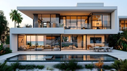 Luxurious modern beach house with pool at sunset time, reflecting a lifestyle of comfort and elegance 