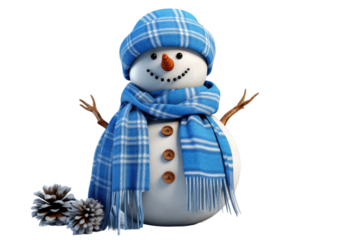 Frostys Winter Fashion: A Snowmans Stylish Blue Scarf and Pine Cone Accessory on Transparent PNG Background.
