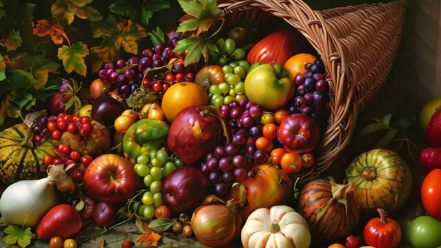 A painting depicting a cornucopia overflowing with ripe fruits and vegetables, A cornucopia overflowing with fruits and vegetables