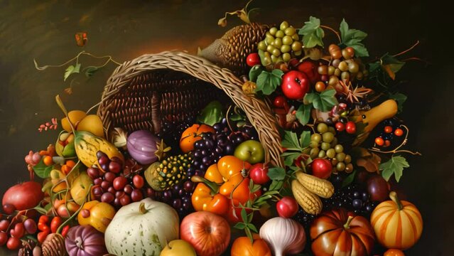 A painting showcasing a variety of ripe fruits and vegetables overflowing from a cornucopia, A cornucopia overflowing with fruits and vegetables