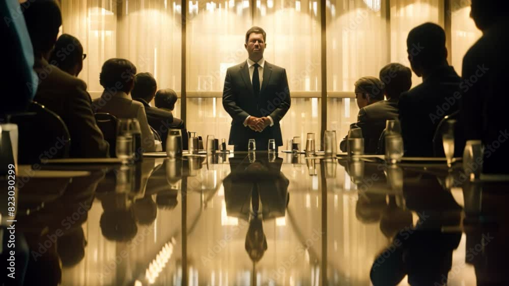 Wall mural A man stands in front of a group of people, leading a meeting or presentation in a corporate setting, A corporate leader hosting a meeting, commanding attention with his presence