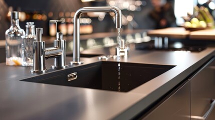 Elegant bar sink design in a modern kitchen setup, close-up highlighting its sleek and functional features, perfect for use in secondary areas like wet bars