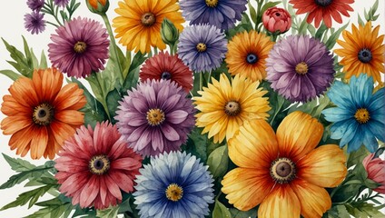 A close up of a bunch of different colored flowers,. Watercolor illustration