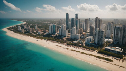 Naklejka premium A beautiful tropical beach in the Maldives with umbrellas, palm trees, and clear blue water, perfect for a summer vacation. Generative Ai