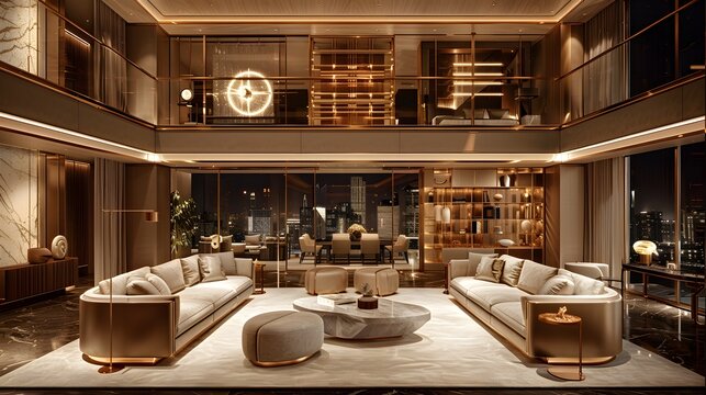 Luxurious modern living room interior with panoramic city view at night time, elegantly designed with sofas, coffee table, and ambient lighting 