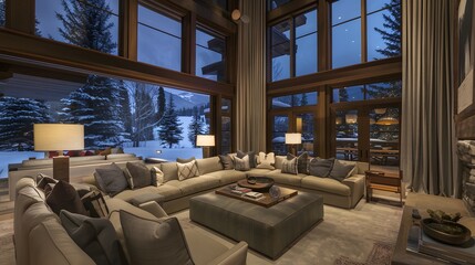 Luxurious living room interior with comfortable sofa and large windows overlooking a snowy landscape at dusk.