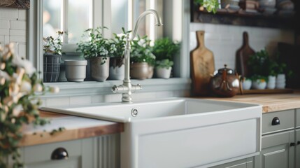 Elegant apron front sink in a high-end kitchen, close-up shot showcasing its deep basin and exposed front panel, perfect for a rustic or traditional look