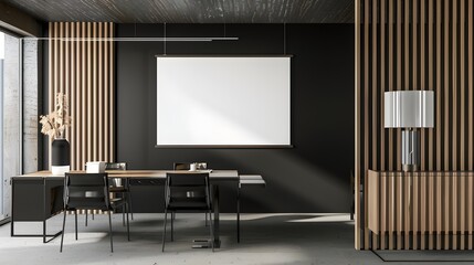 Modern conference room interior with blank whiteboard, stylish furniture, and elegant design elements. 