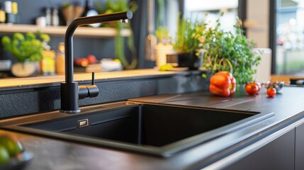 Durable cast iron sink in a contemporary kitchen, close-up of enamel coating, showcasing heat resistance and color options, isolated background, studio lighting