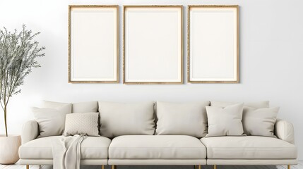 Elegant living room interior with a comfortable beige sofa and three blank picture frames on a white wall. 