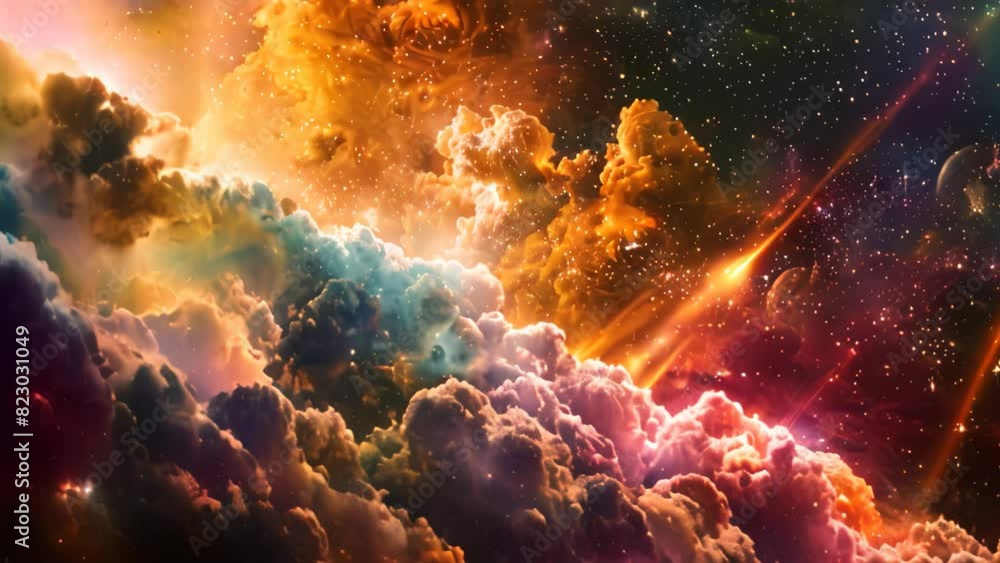Poster a sky illuminated by vibrant colors, showcasing an array of clouds and twinkling stars, a cosmic int