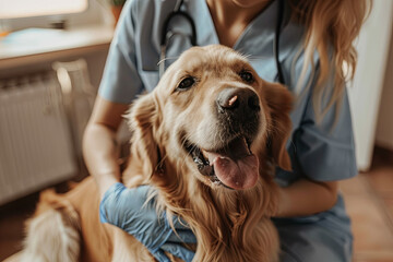 Female veterinarian petting golden retriever during examination