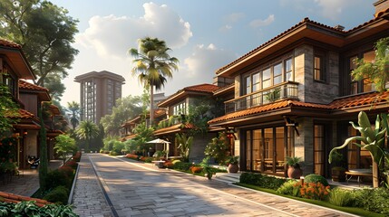 Fototapeta premium A digital rendering of a luxurious residential area with lush landscaping under a warm, sunny sky.