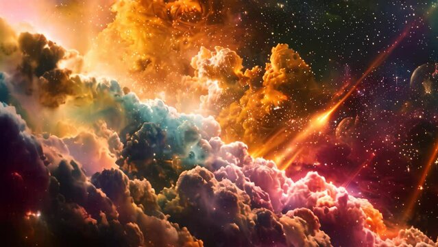 A sky illuminated by vibrant colors, showcasing an array of clouds and twinkling stars, A cosmic interpretation of the ten commandments