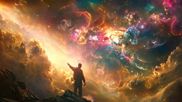 A man stands on a mountain summit, gazing up at the star-filled sky, A cosmic interpretation of the ten commandments