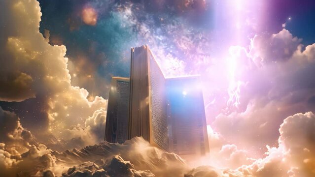 A book hovers in the air, encircled by fluffy clouds, in a serene and mystical scene, A cosmic interpretation of the ten commandments