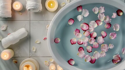 Top view of a tub filled with warm, spa-ready water and rose petals floating on the surface, alongside scented candles and rolled towels