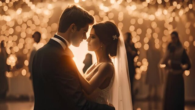 A man and a woman are standing next to each other in a ballroom, A couple dancing in a ballroom filled with fairy lights