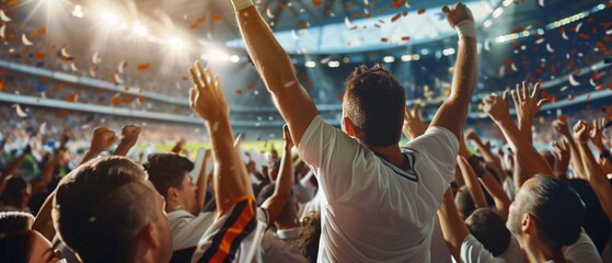 illustration of many sports fans cheering victory together happily and excited to watch their favorite football team in the football soccer stadium. Cheering sports fans wear white shirts.