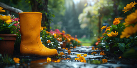 a yellow boot on a wet path with flowers