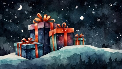 Collection of christmas doodle gift boxes on winter night sky background. Watercolor illustration