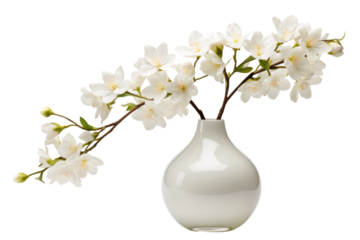 Ethereal Elegance: A White Vase Overflowing With Whimsical White Flowers on Transparent PNG Background.
