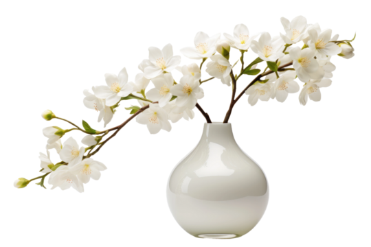 Ethereal Elegance: A White Vase Overflowing With Whimsical White Flowers on Transparent PNG Background.