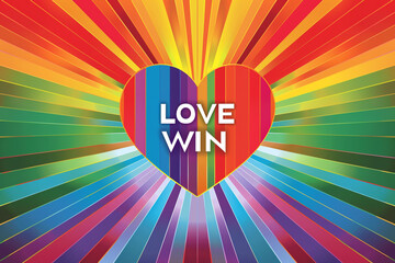 A bright heart design segmented by vivid rainbow stripes, with the inspiring message 'LOVE WINS', against a dynamic rainbow gradient background.