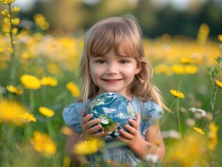 Fototapeta premium The little girl holds the Earth in her hand