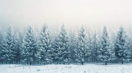 Obraz premium Snow-covered forest with tall pine trees, copy space