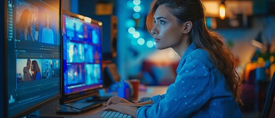 Obraz premium A youthful female designer is utilising a digital pen by hand on a display screen while editing images at her home studio.