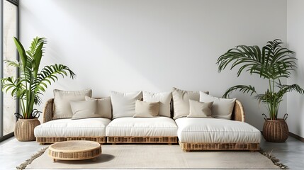 Modern living room with bamboo sofa and tropical plants illuminated by natural light for a serene home atmosphere. 
