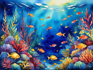 a painting of an underwater scene with fish and corals
