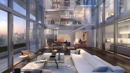 Modern luxury duplex apartment interior with floor-to-ceiling windows and city skyline at dusk 