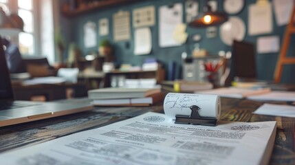 A document stamped with Pending Inspection on the top The background is a cluttered desk with other papers and office supplies, emphasizing the process of review and evaluation