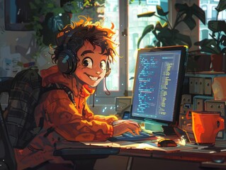 Young male programmer working on his computer in home office.