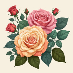 a bouquet of roses with leaves on a white background